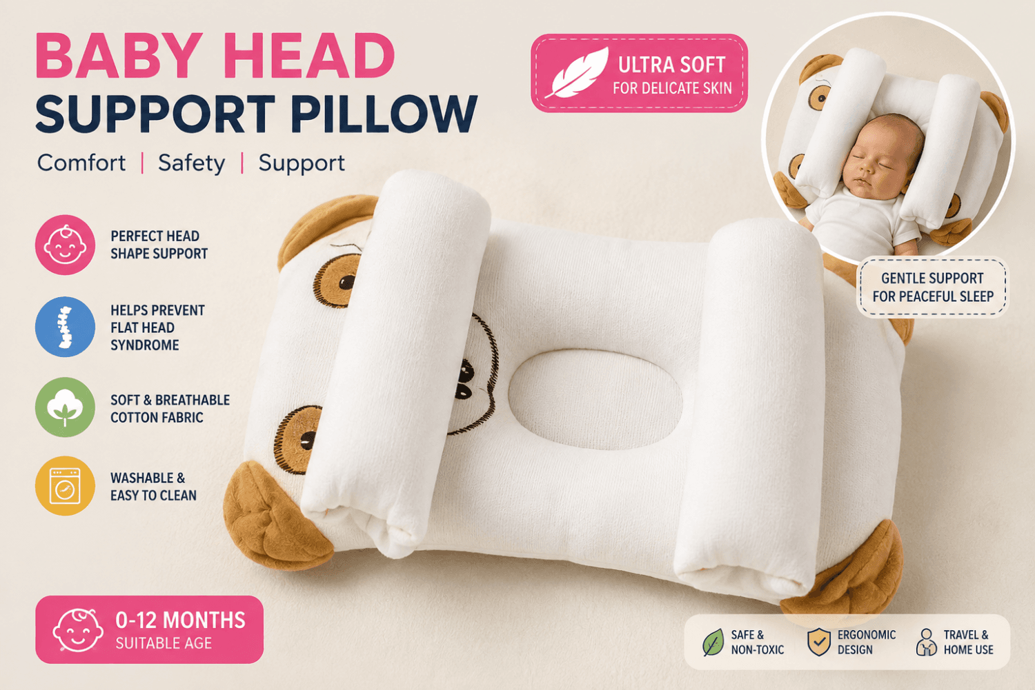 BABY SLEEPING PILLOW WITH SIDE ROLLERS