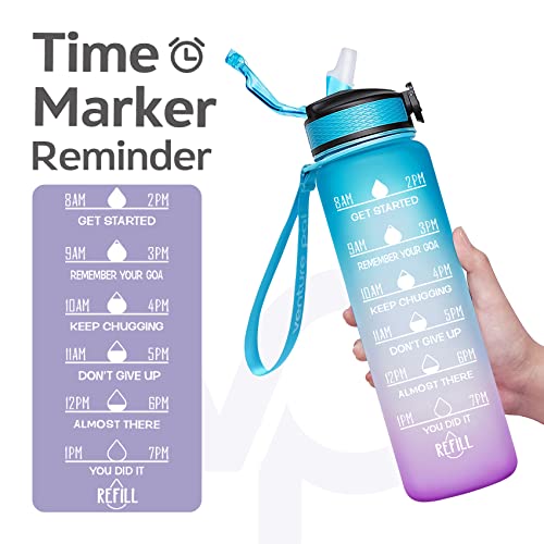 Cheaperzone 32Oz Motivational Fitness Sports Water Bottle With Time Marker&Straw,Large Wide Mouth Leakproof Durable Bpa Free Non-Toxic-Ombre Green Purple (Plastic,Pack Of 1 Bottle),32 fluid_ounce
