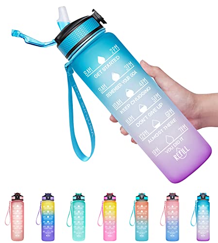 Cheaperzone 32Oz Motivational Fitness Sports Water Bottle With Time Marker&Straw,Large Wide Mouth Leakproof Durable Bpa Free Non-Toxic-Ombre Green Purple (Plastic,Pack Of 1 Bottle),32 fluid_ounce