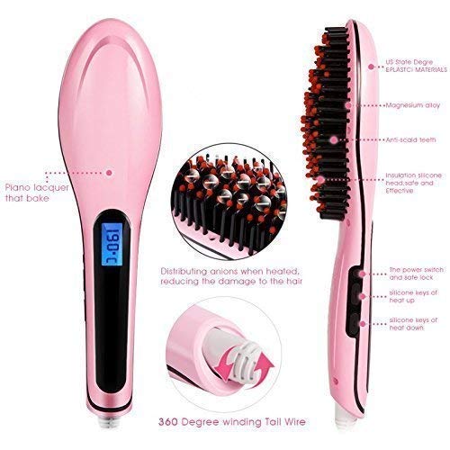 Cheaperzone Hair Electric Comb Brush 3 in 1 Ceramic Fast Hair Straightener For Women's Hair Straightening Brush with LCD Screen, Temperature Control Display,Hair Straightener For Women (PINK Fast Hair Straightener Brush)