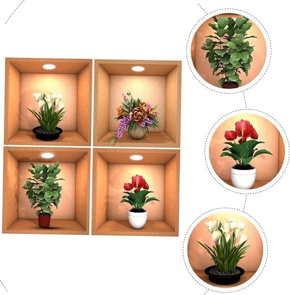 Cheaperzone 3D Flower Wall Sticker - 4 Pcs New Creative Simulation Green Plant Pot Stickers, Self Adhesive Waterproof Wall Paper Decorative Stickers