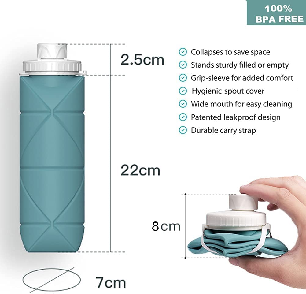 Cheaperzone 2023 Upgraded Collapsible Water Bottle Leakproof Valve Reusable Silicone Foldable for Gym Camping Hiking Travel Sports Lightweight Durable 600 ml, 1 Piece (Blue)