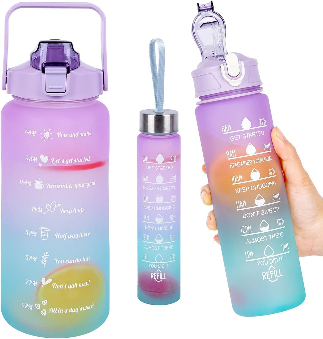 Cheaperzone Motivational Water Bottle Set of 3 With Time & Capacity Marker, Leakproof, BPA-free Straw bottle for Home, Office, School & Gym (2L, 900ml & 280ml, Color- Multicolor)