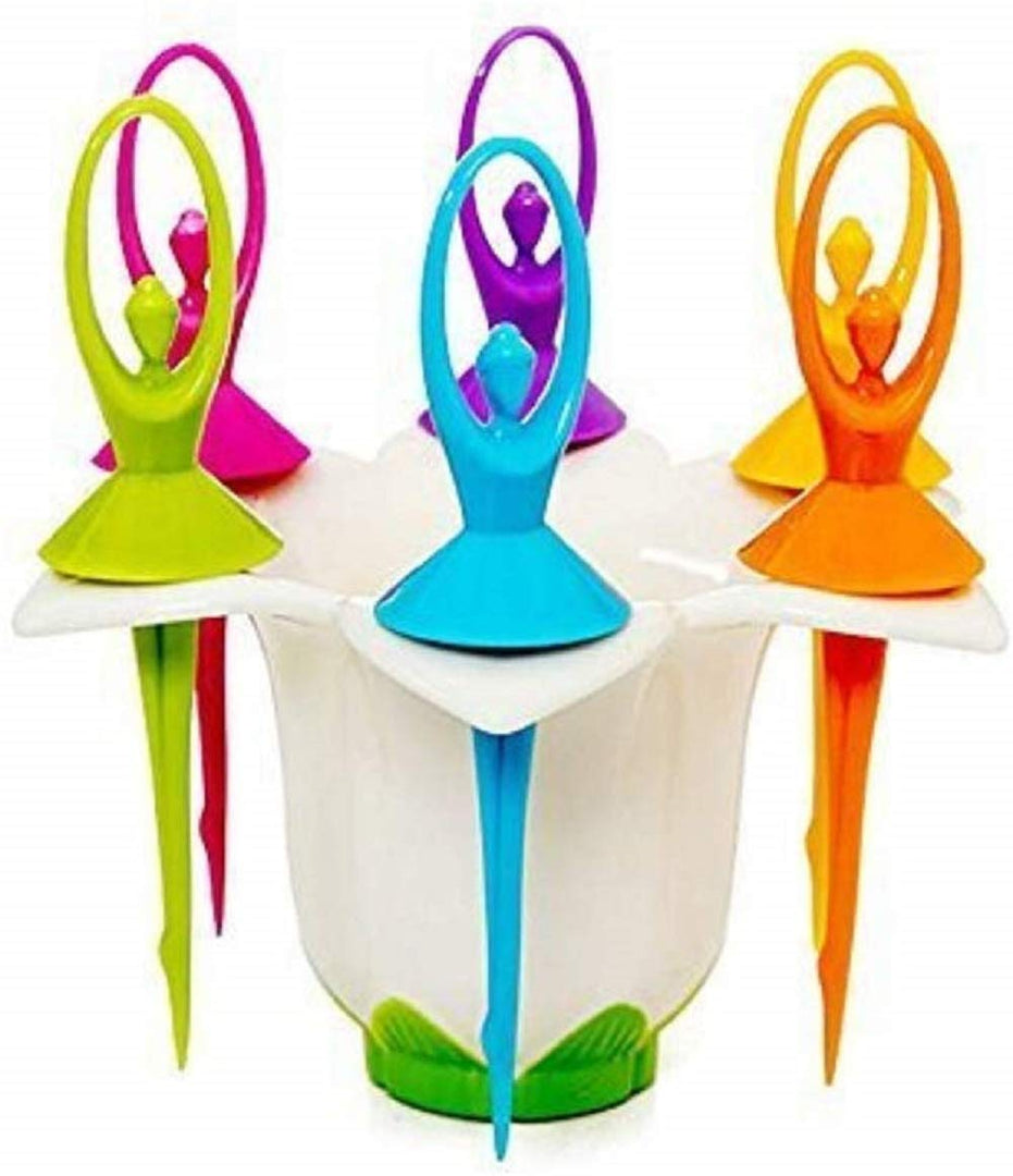 Cheaperzone Plastic Dancing Doll Fruit Fork Set of 6 with Stand for Kids and Adults (Multicolor)