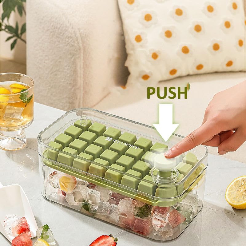 Cheaperzone 2 Layer Ice Cube Tray with Lid & Bin, Square Ice Cubes Molds with Ice Scoop, One Tap Easy Release & Save Space, Bpa Free Ice Cube Storage Container 64 Ice Cubes