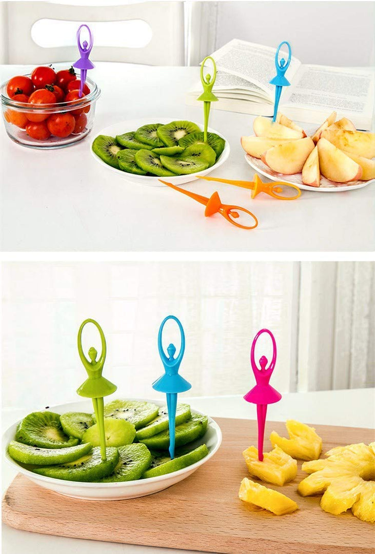 Cheaperzone Plastic Dancing Doll Fruit Fork Set of 6 with Stand for Kids and Adults (Multicolor)