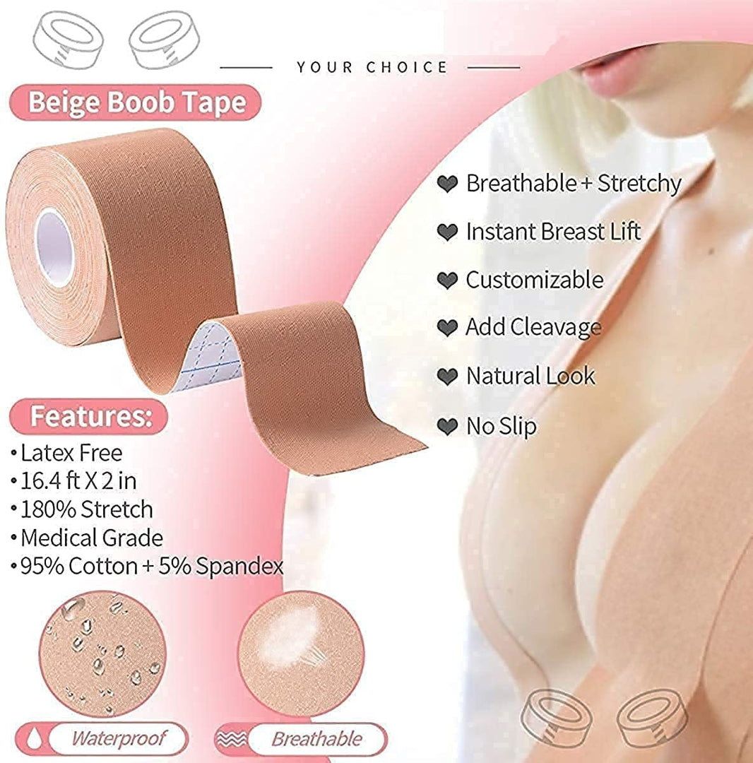 Cheaperzone Boob Tape with 10 Nipple Pasties for Women Push Up & Lifting Breast Tape Breast Lift Bra Tape for Breast Lift Double Sided Tape (Boob Tape) Beige