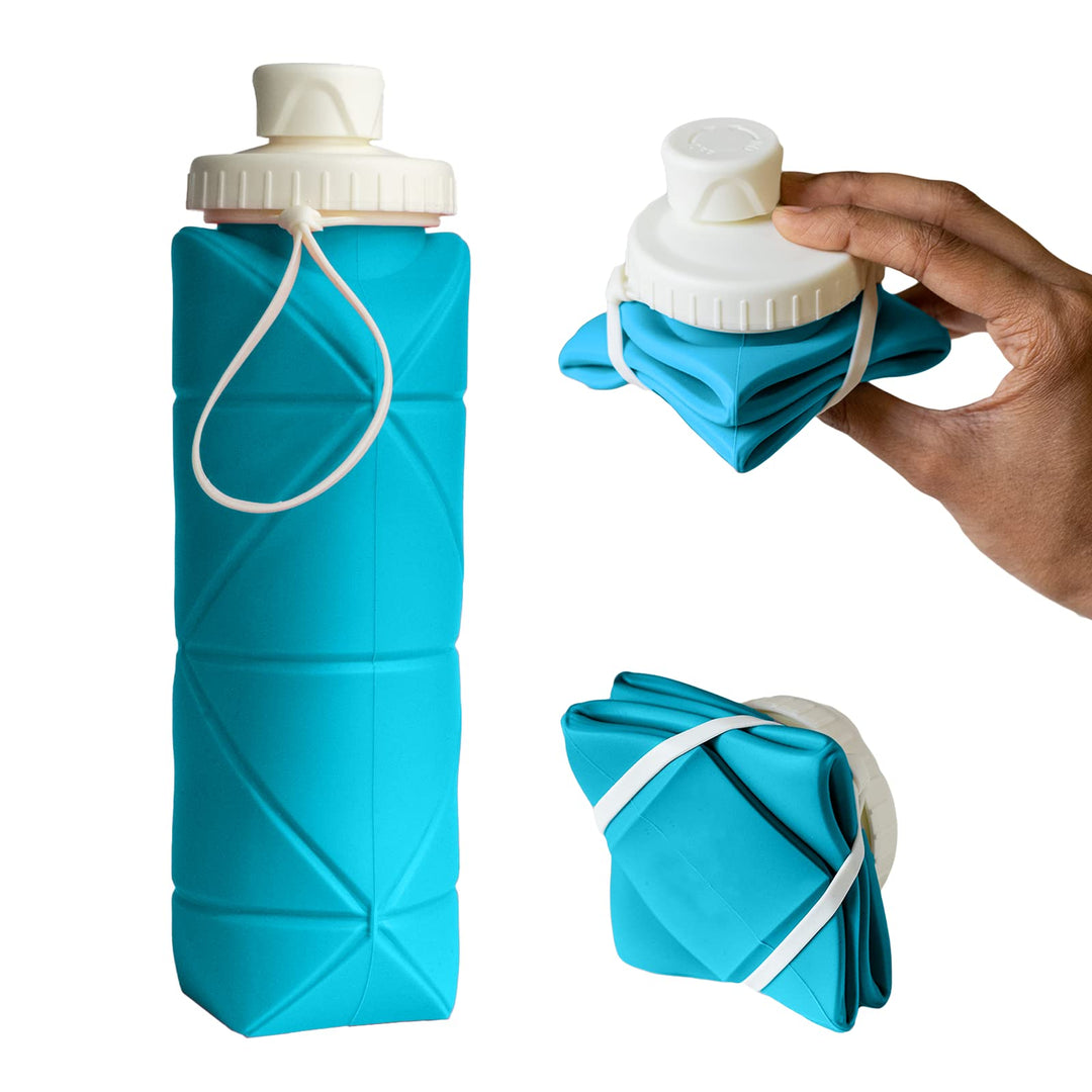 Cheaperzone 2023 Upgraded Collapsible Water Bottle Leakproof Valve Reusable Silicone Foldable for Gym Camping Hiking Travel Sports Lightweight Durable 600 ml, 1 Piece (Blue)
