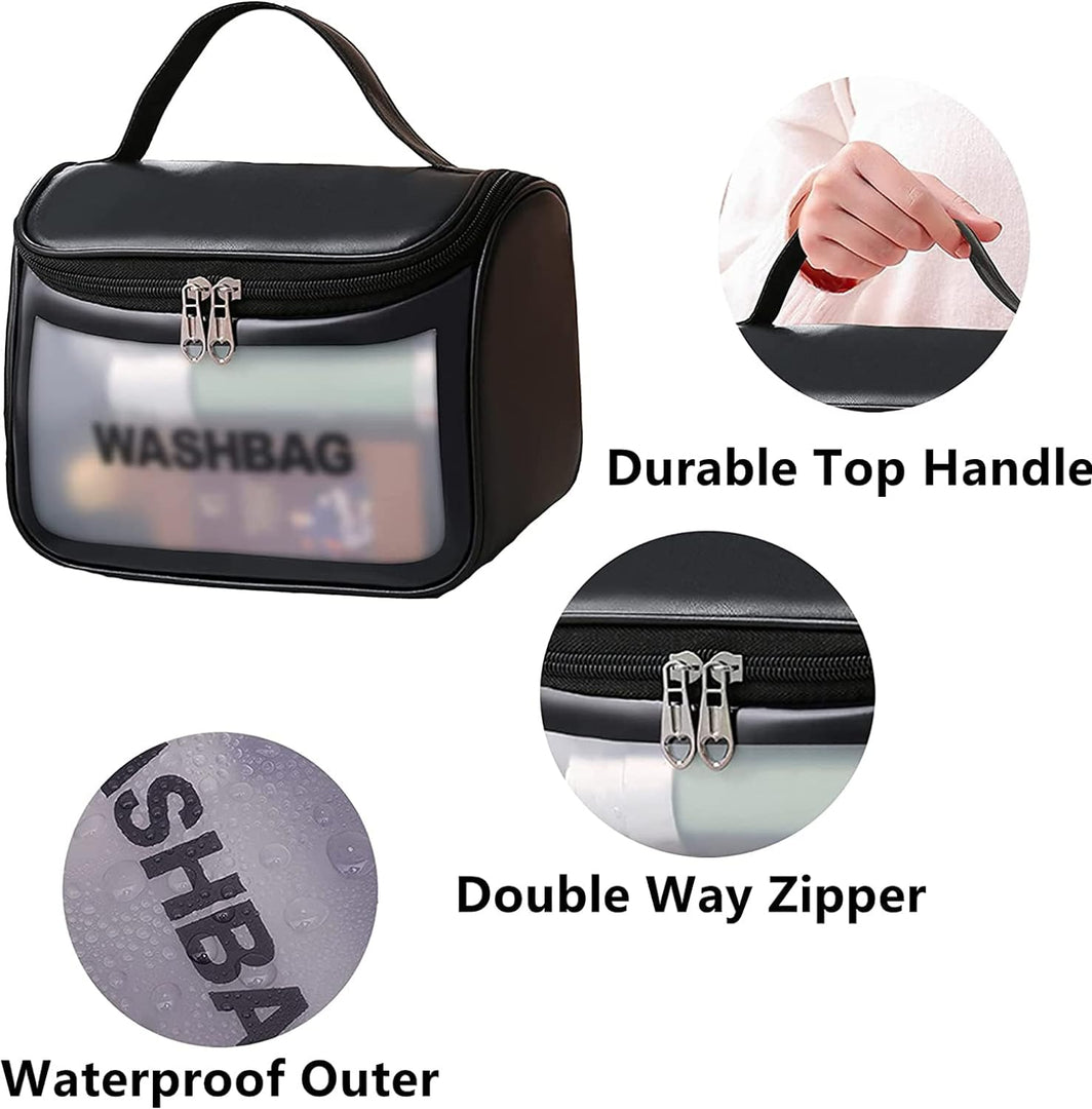 Cheaperzone Clear Toiletry Bag, Wash Make Up Bag PVC Waterproof Zippered Cosmetic Bag, Portable Carry Pouch for Women Men (Set of 3 Bag Black)