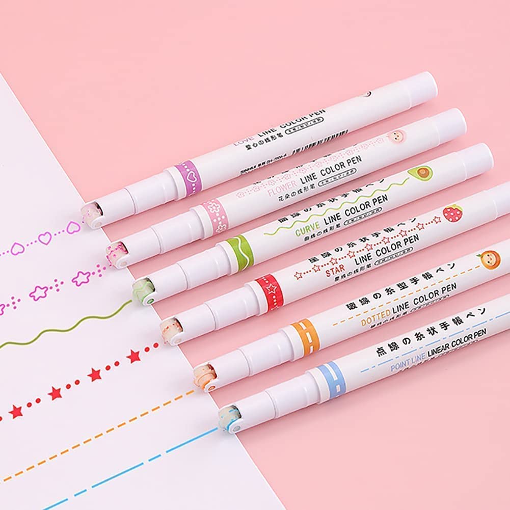 Cheaperzone Designer Highlighter Pens Set, Line Markers Colors Pen For Adults & Kids Writing Drawing School Supplies, 6 in 1 Drawing Liner Marker Is 6 Different Curve Shapes