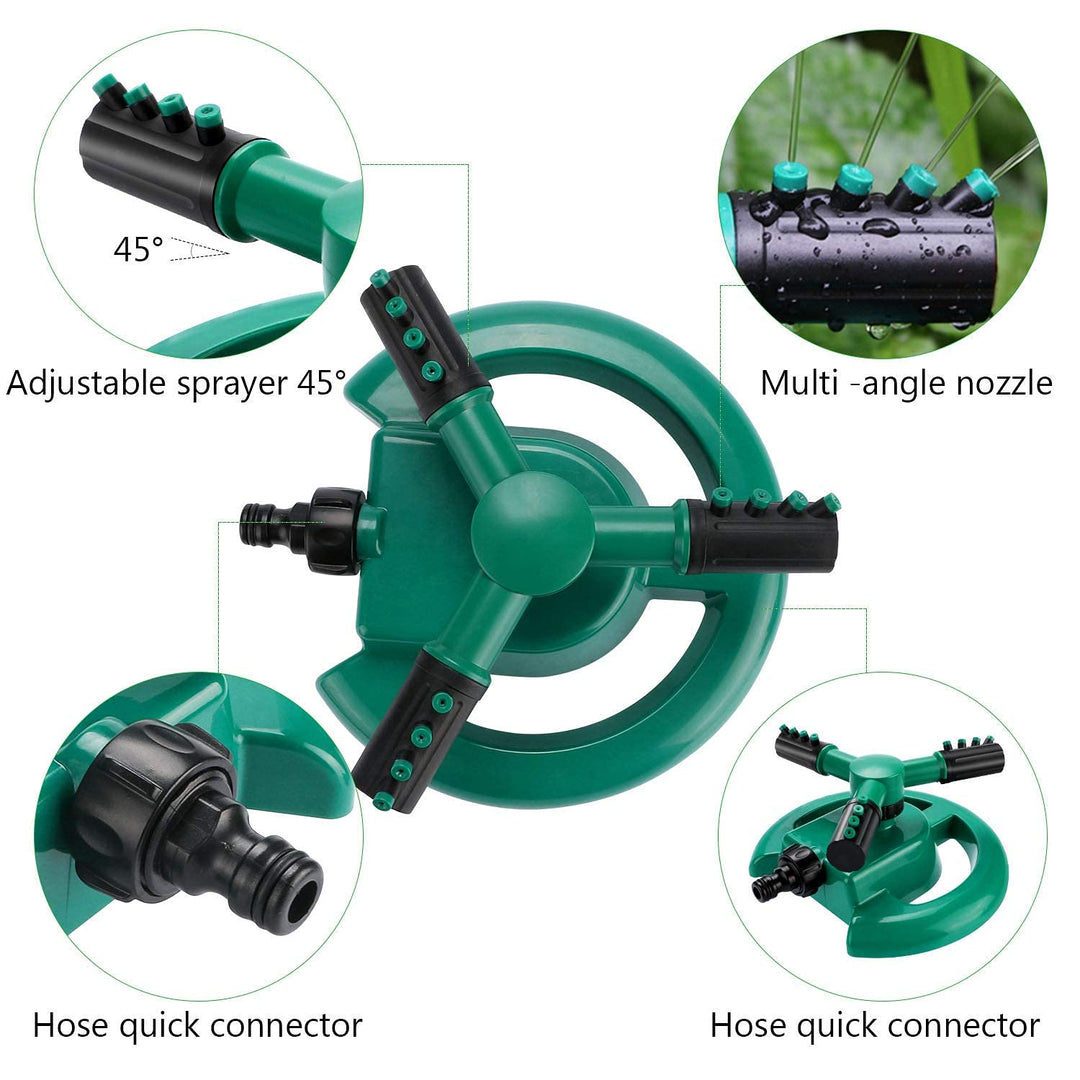 Cheaperzone 1 Pc Automatic 360 ° Rotating Adjustable Round 3 Arm Lawn Water Sprinkler for Watering Garden Plants/Pipe Hose Irrigation Yard Water Sprayer (Green)