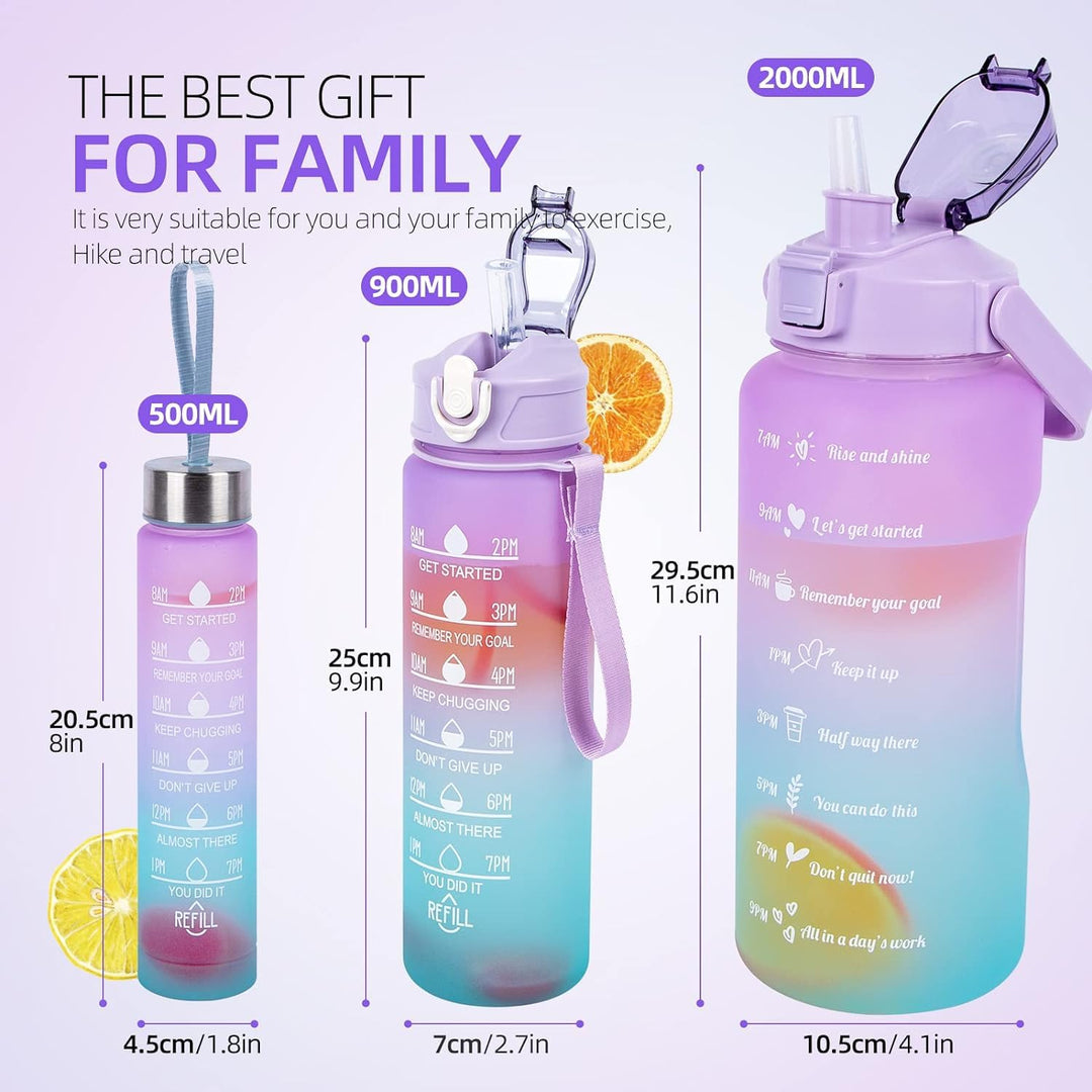 Cheaperzone Motivational Water Bottle Set of 3 With Time & Capacity Marker, Leakproof, BPA-free Straw bottle for Home, Office, School & Gym (2L, 900ml & 280ml, Color- Multicolor)