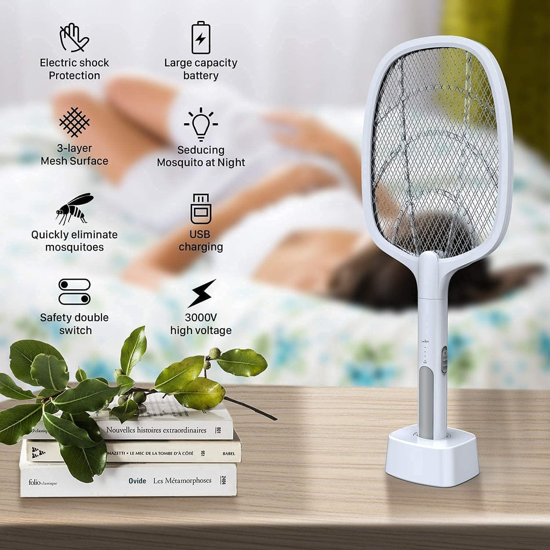 Splendid Mosquito-Bat-with-UV-Light-Lamp-Five-Nights-Mosquito-Killer-Autokill-2-in-1-Mosquito-Racket-1200mAh-Lithium-ion-Rechargeable-Battery-Handheld-Electric-Knife-Swatter-Racket-Wood-Board (White)