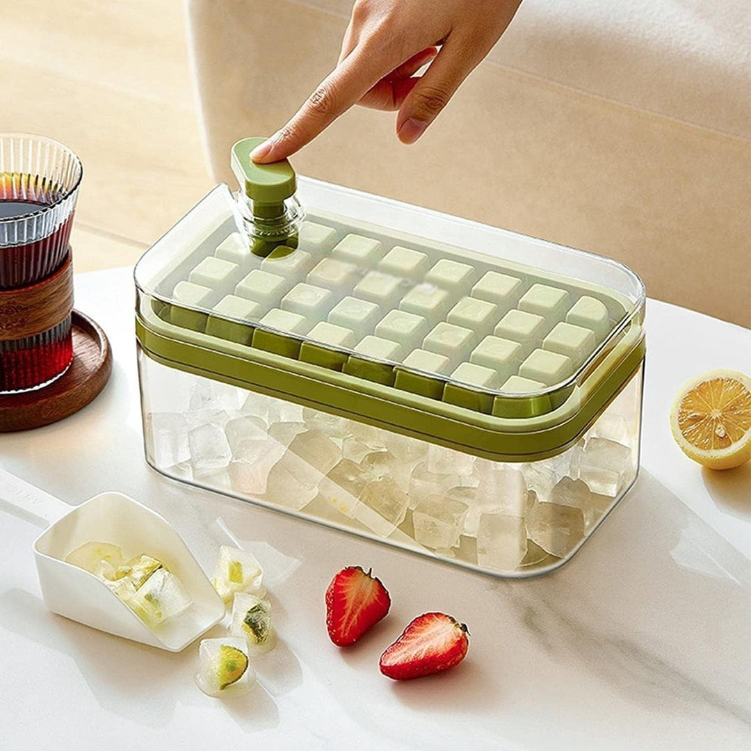 Cheaperzone 2 Layer Ice Cube Tray with Lid & Bin, Square Ice Cubes Molds with Ice Scoop, One Tap Easy Release & Save Space, Bpa Free Ice Cube Storage Container 64 Ice Cubes