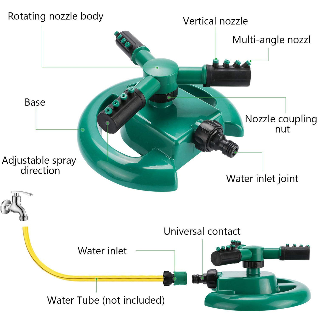 Cheaperzone 1 Pc Automatic 360 ° Rotating Adjustable Round 3 Arm Lawn Water Sprinkler for Watering Garden Plants/Pipe Hose Irrigation Yard Water Sprayer (Green)