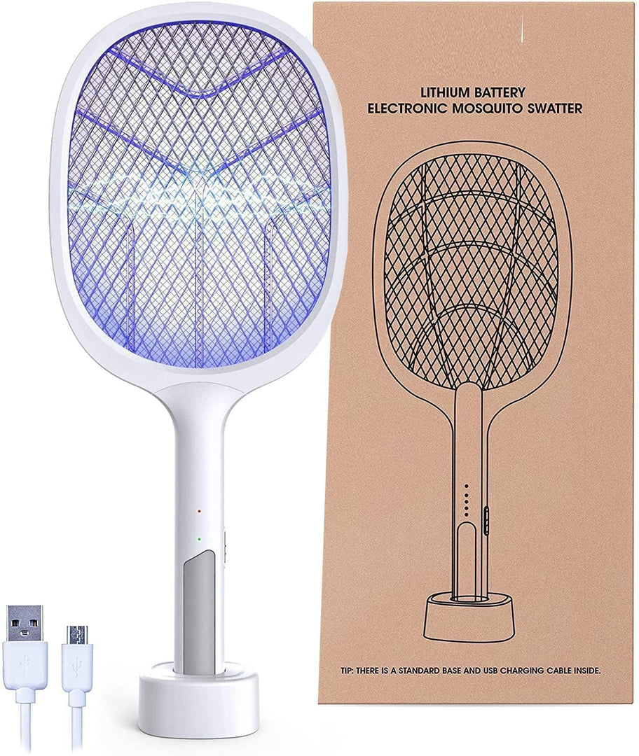 Splendid Mosquito-Bat-with-UV-Light-Lamp-Five-Nights-Mosquito-Killer-Autokill-2-in-1-Mosquito-Racket-1200mAh-Lithium-ion-Rechargeable-Battery-Handheld-Electric-Knife-Swatter-Racket-Wood-Board (White)